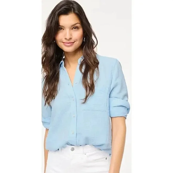 NWOT J.Crew Women Gauze Button-Up Shirt Light Blue Vacation Lightweight - Picture 1 of 8